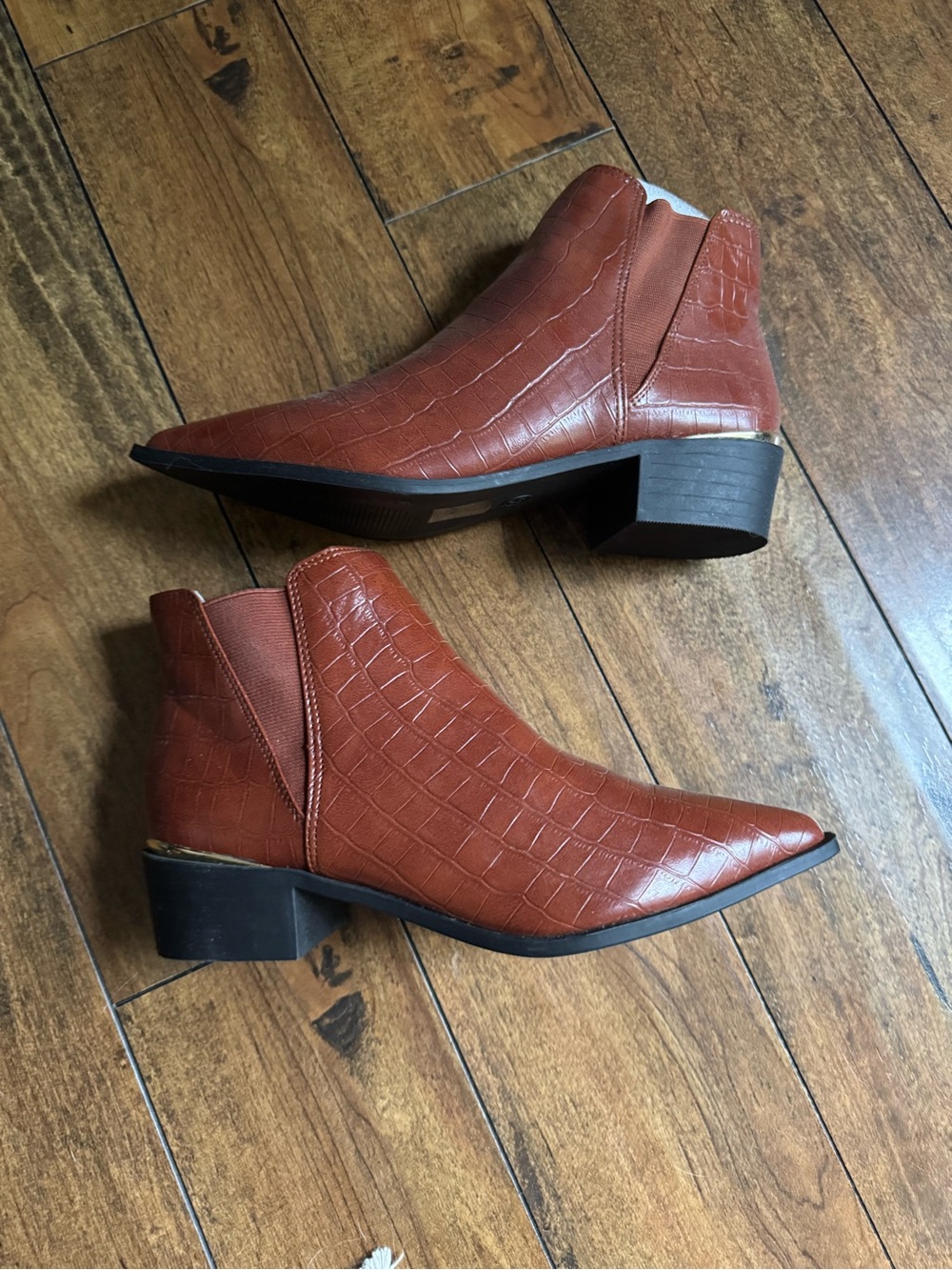Pointed Croc-Embossed Ankle Booties in Tan